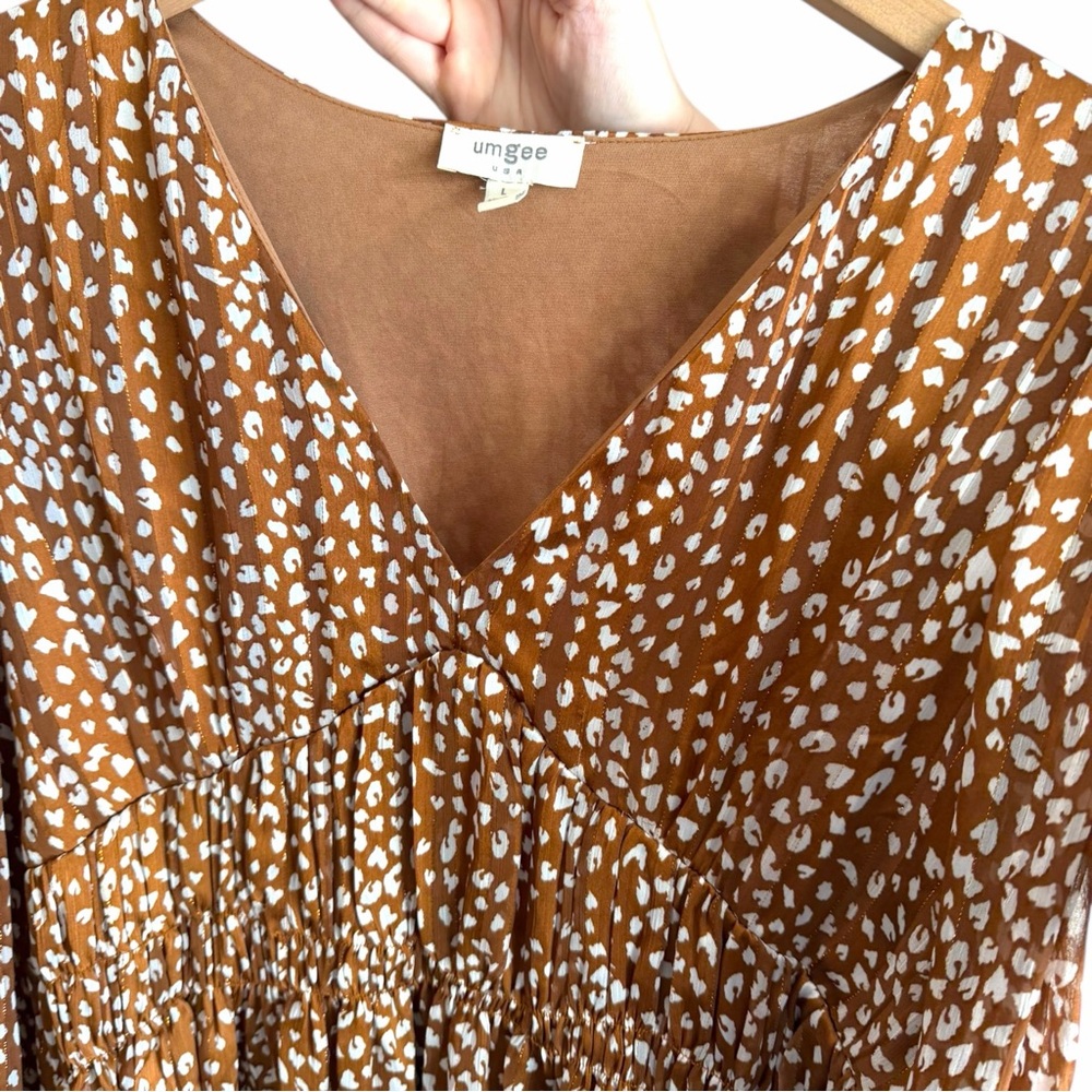 Umgee Boutique Metallic Leopard Long Sleeve Babydoll Dress Size Large - Picture 4 of 6